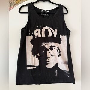 Vintage 90s Boy London black tank top featuring Andy Warhol portrait graphic M